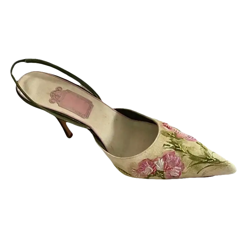 Floral embroidered slingback heel.