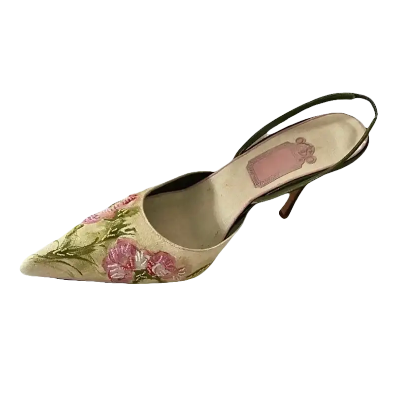 Floral embroidered slingback heel.