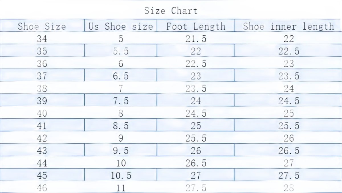 Shoe size chart.