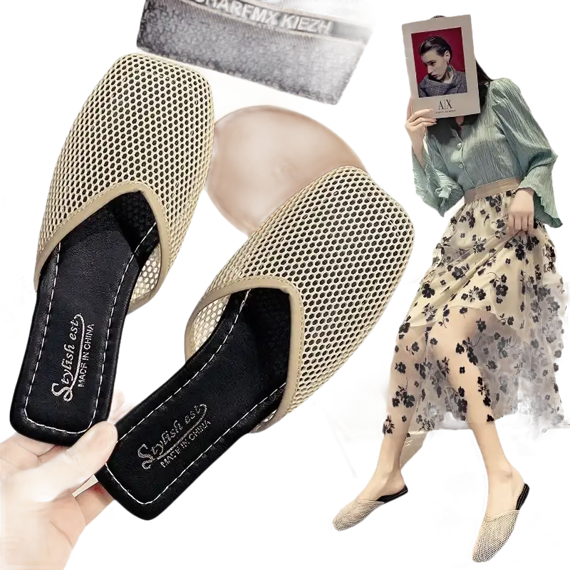 Beige mesh slip-on shoes.