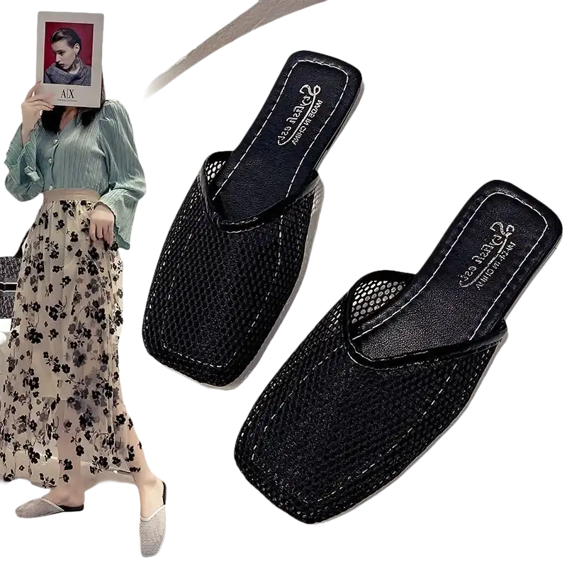 Black mesh mule shoes.