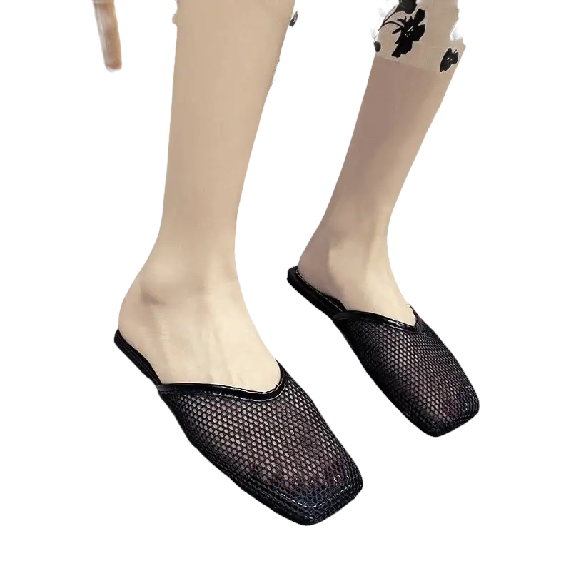 Black mesh slip-on shoes.