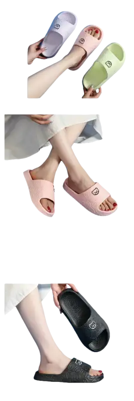 Colorful, open-toed, cartoon-decorated slippers.