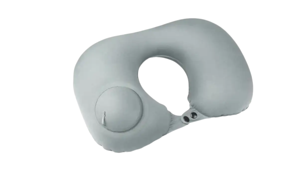 Gray inflatable travel neck pillow with dimensions for portable comfort rest
