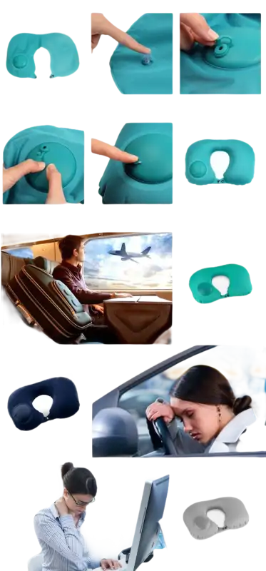 Trendy teal inflatable travel neck pillow usage guide for comfy trips