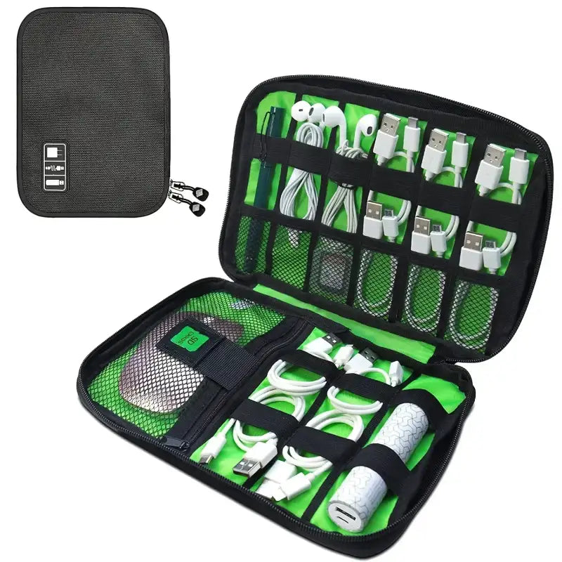 1pc Black Green Storage Bag Electronic Accessory Organizer Portable Usb Data Cable Charger Plug Travel Waterproof