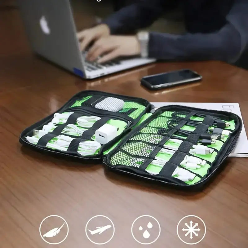 1pc Black Green Storage Bag Electronic Accessory Organizer Portable Usb Data Cable Charger Plug Travel Waterproof