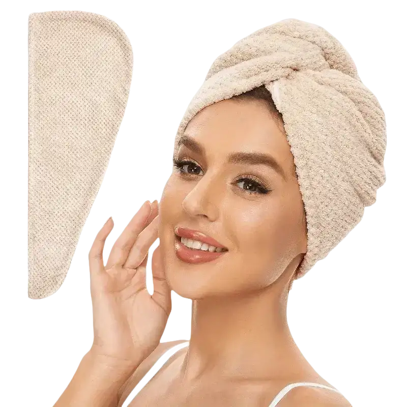 Beige hair towel wrap.