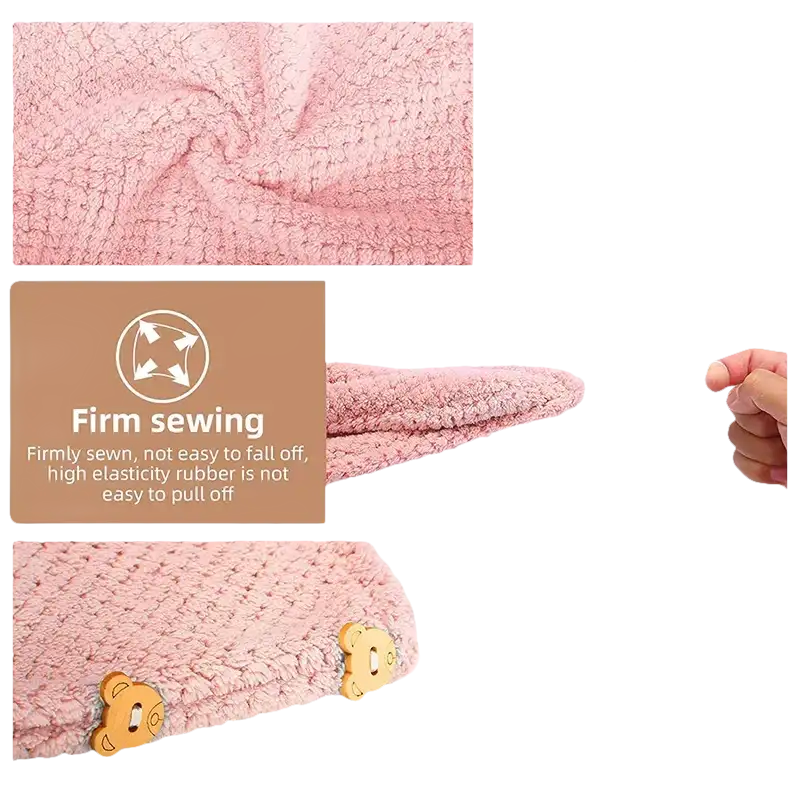 Pink microfiber hair towel with button closure.