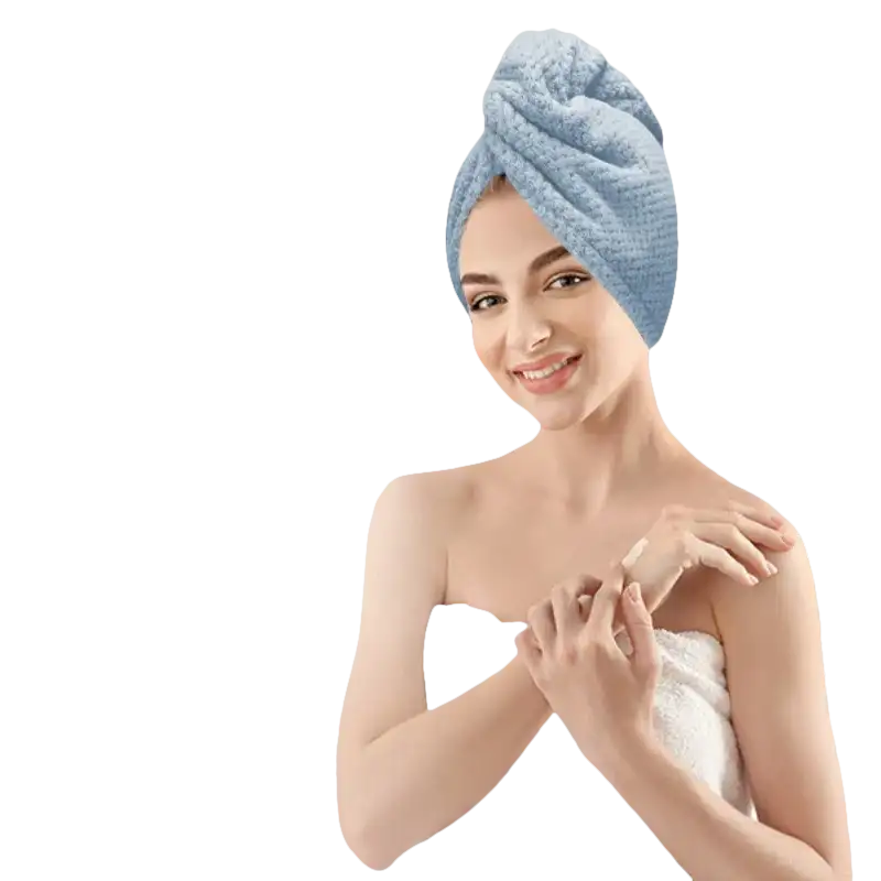 Woman wearing a blue towel turban.