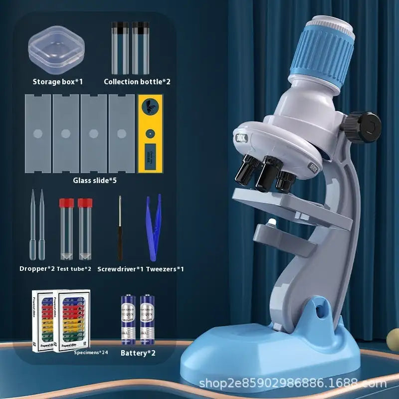 Microscope 1200 Times Professional Scientific Equipment Elementary School Educational Toys - Blue High With 24 Specimens