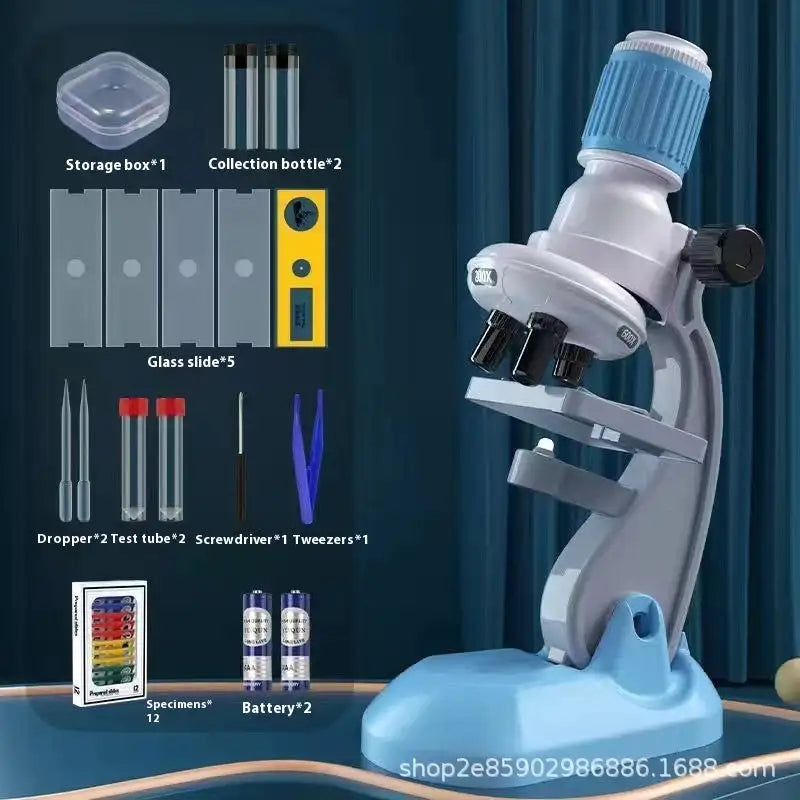 Microscope 1200 Times Professional Scientific Equipment Elementary School Educational Toys - Blue High With 12 Specimens