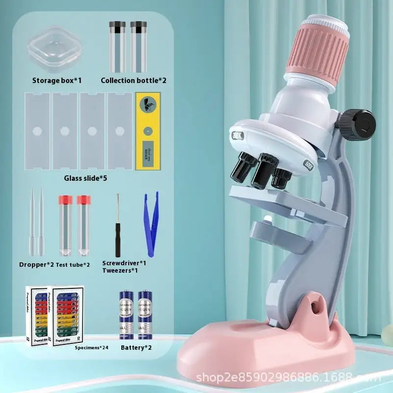 Microscope 1200 Times Professional Scientific Equipment Elementary School Educational Toys - Pink High With 24 Specimens