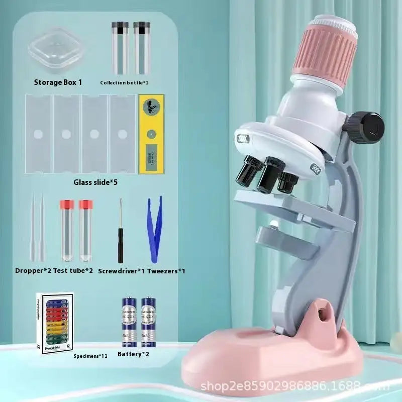 Microscope 1200 Times Professional Scientific Equipment Elementary School Educational Toys - Pink High With 12 Specimens