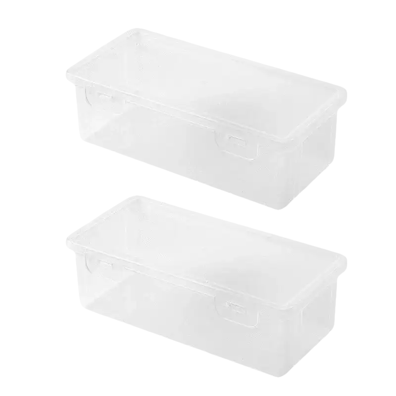 Two trendy transparent plastic desktop transplo boxes for pasta and pen fun