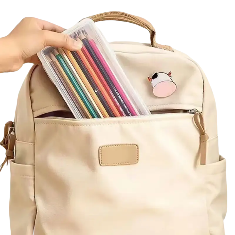 Trendy beige backpack with pencils in Transplo Box for transparent plastic desktop fun