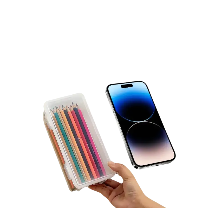 Modern smartphone and pencil case in Transplo Box for transparent plastic desktop organizer