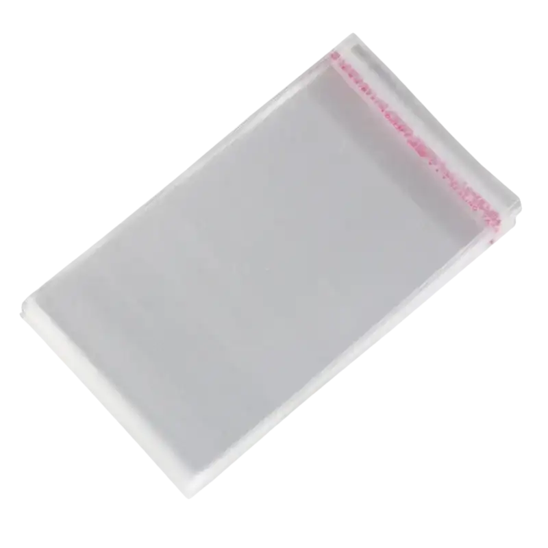 Clear plastic bag with adhesive strip.
