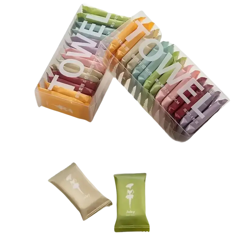 Colorful compressed towel sets.