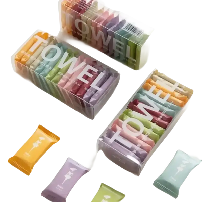 Colorful individually wrapped towels in clear boxes.