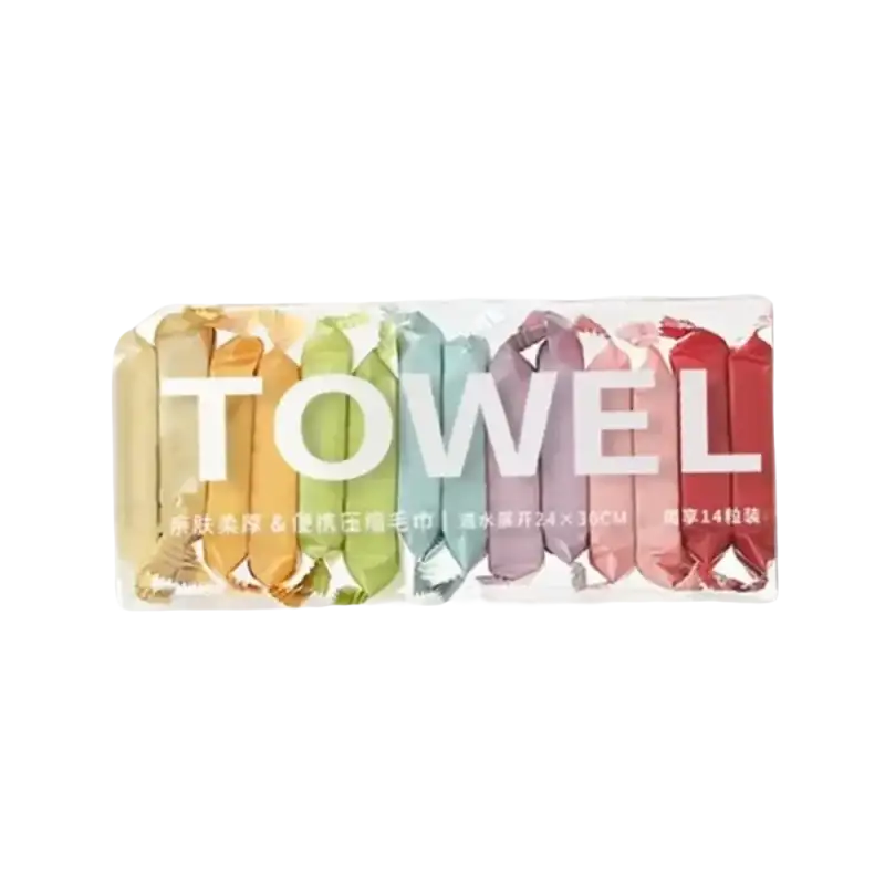 Individually wrapped, colorful towels.