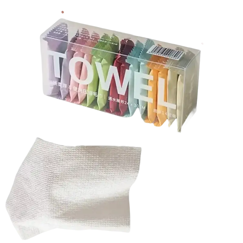Individually wrapped towels in a clear box with dimensions.