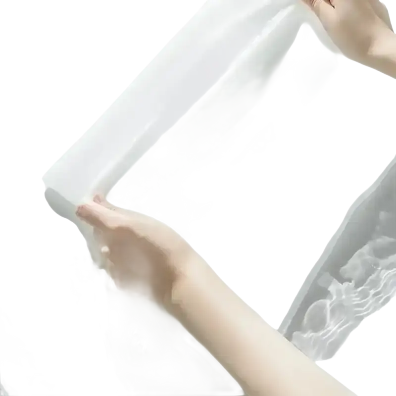 White fabric held by hands.