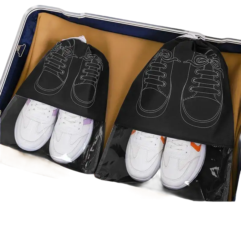 Shoe storage bags with drawstring closure.
