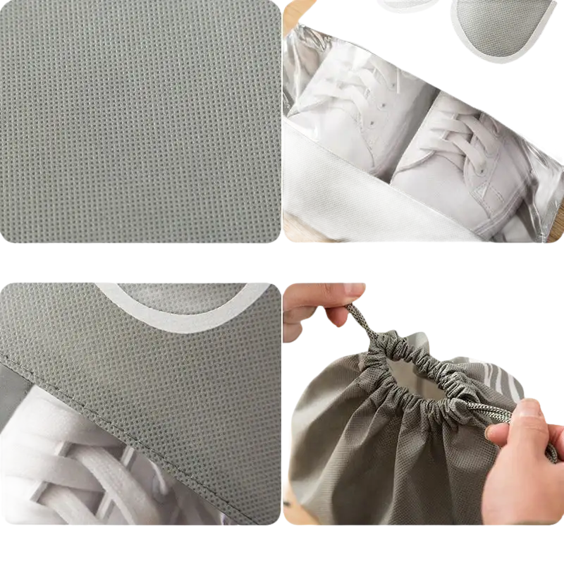 Gray shoe storage bag features.