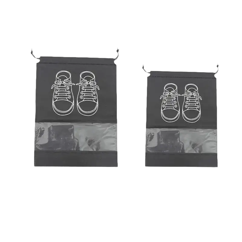 Two black shoe bags with drawstring closures.