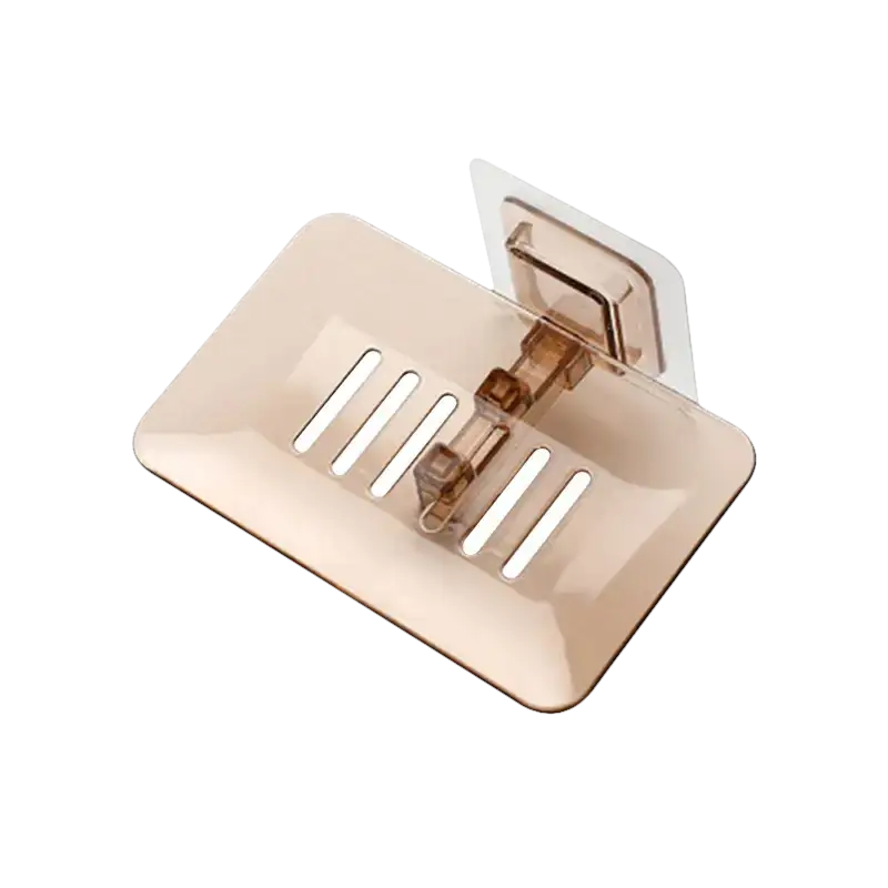 Brown plastic drain soap holder with adhesive mount for trendy bathroom storage