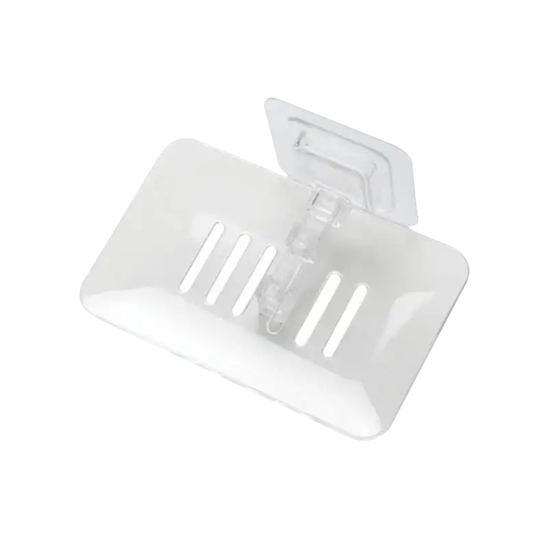 Trendy blue drain soap holder with clear plastic soap dish and adhesive mount for bathroom storage