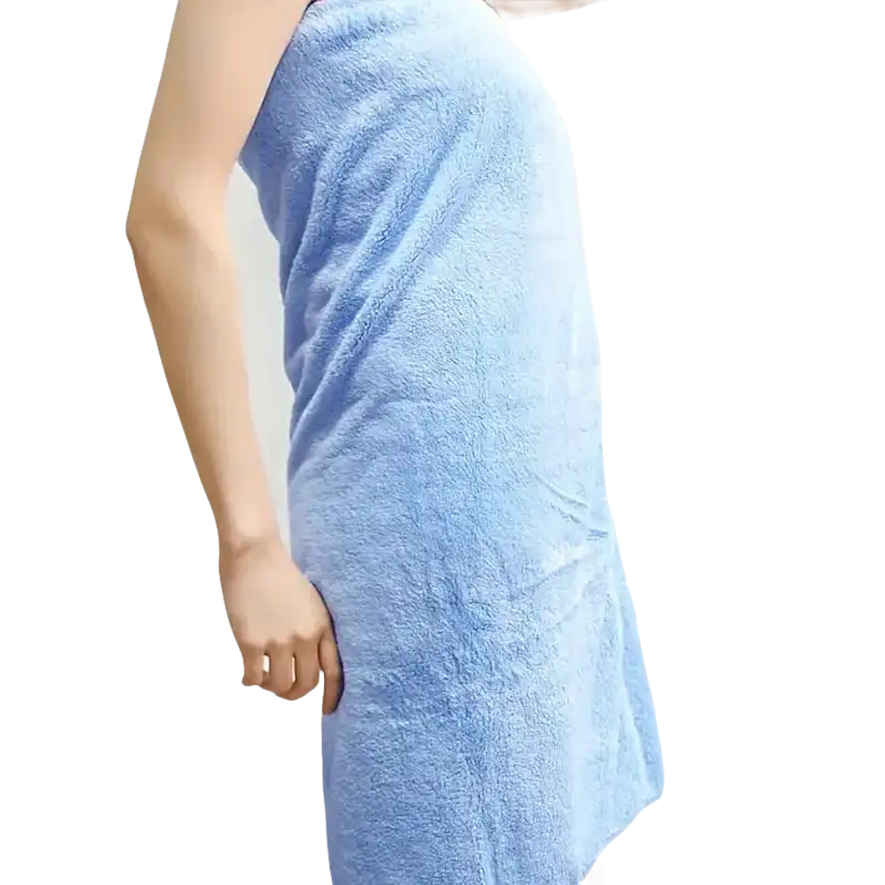 Blue towel-wrapped figure with trendy coral bath set and highly absorbent towels