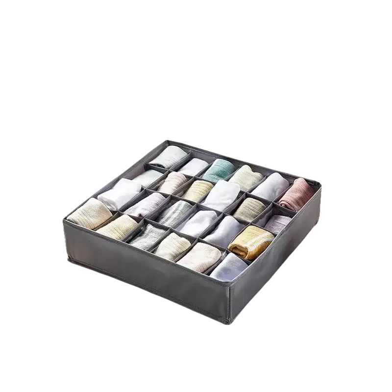 Gray fabric stylish storage organizer with compartments for socks, underwear, bras