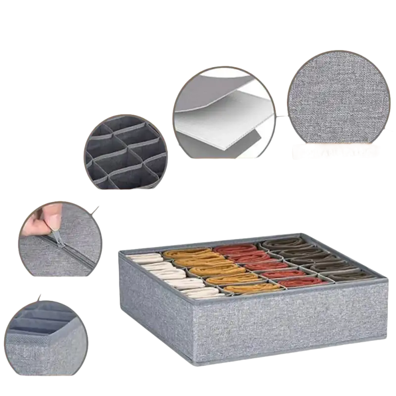 Gray fabric drawer organizer perfect for stylish storage of socks, underwear, and bras