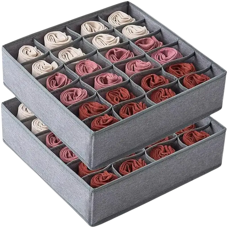Two gray fabric drawer organizers with dividers, perfect for socks storage box or trendy storage needs