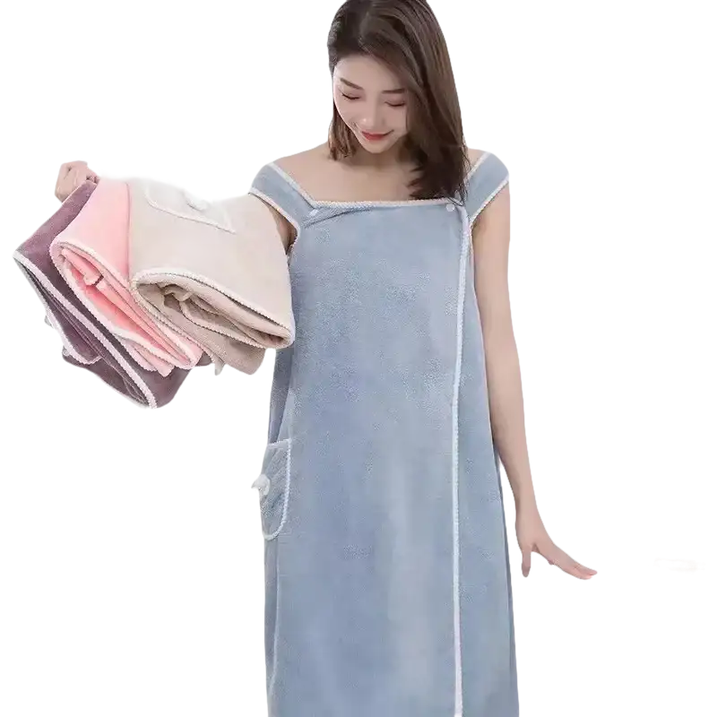 Woman in trendy blue spa towel wrap made from girls wearable 140*85cm beach spa towel