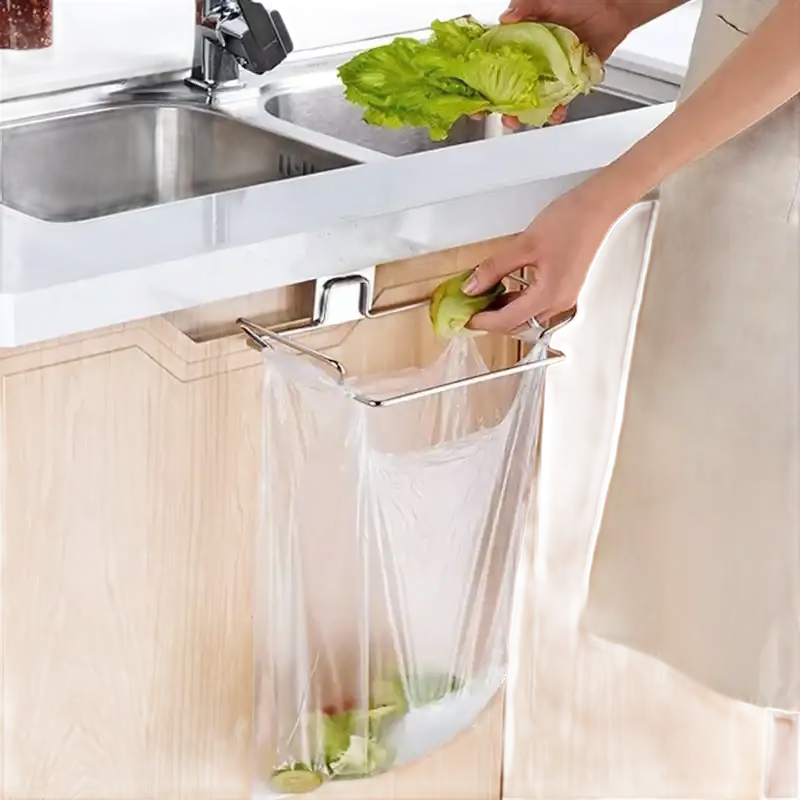Hanging trash bag holder on stainless steel cabinet for easy waste management