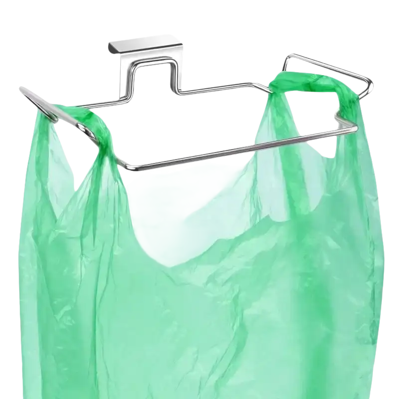Trendy trash rack for stainless steel cabinet with green plastic bag in kitchen