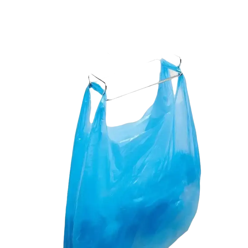 Blue plastic bag hanging on trendy trash rack in stainless steel cabinet setup
