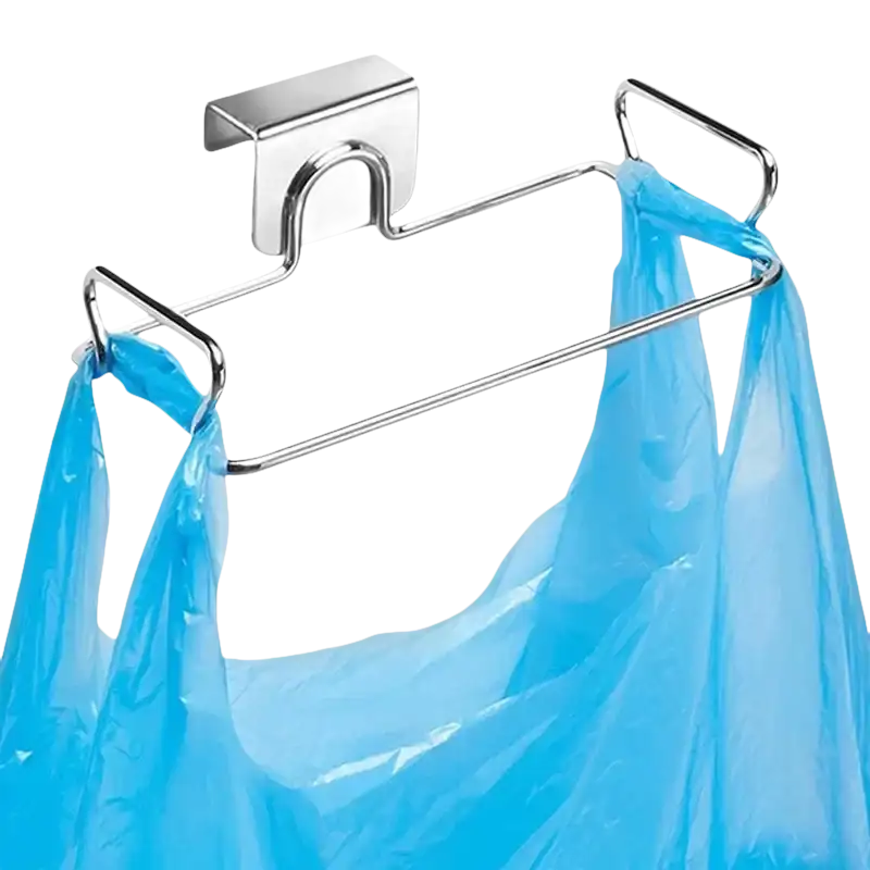 Over-the-cabinet trash rack with blue plastic bags for stainless steel cabinet storage