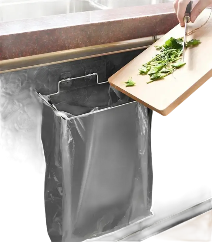 Hanging trash rack with plastic liner for stainless steel cabinet bag holder