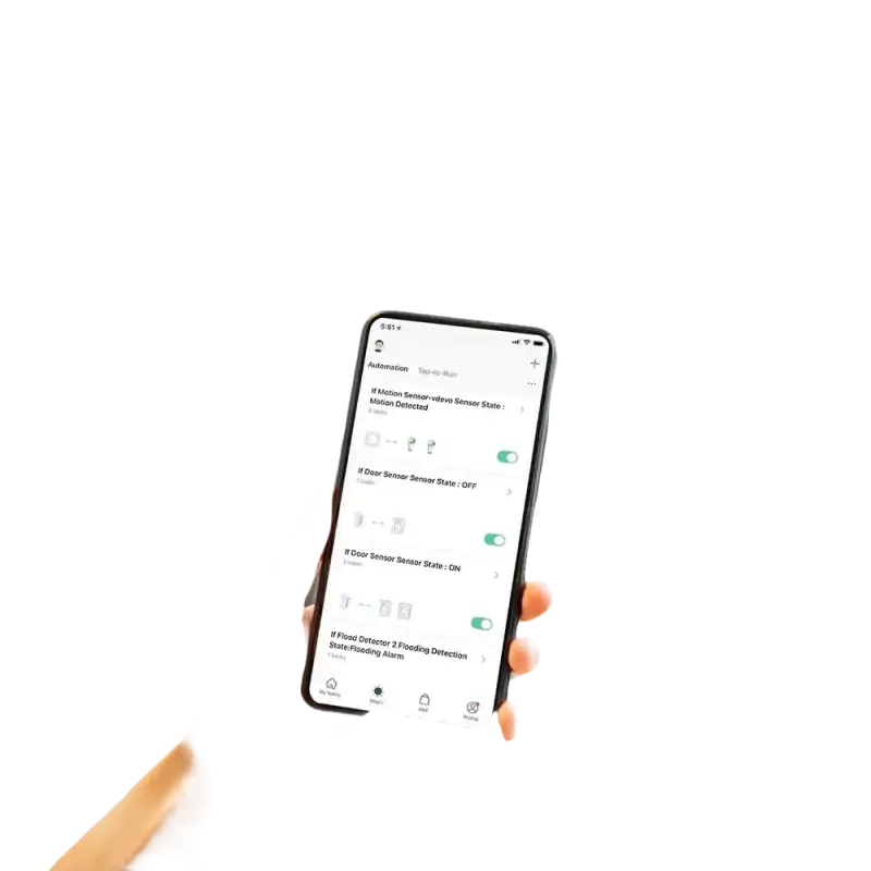 Smartphone with smart home automation app showing Tuya Bluetooth Gateway and humidity sensor for indoor climate