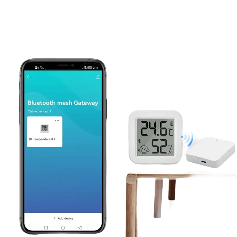 Digital temperature and humidity monitor on Trendy Tuya Bluetooth Gateway with Zany Humidity Sensor for smart homes