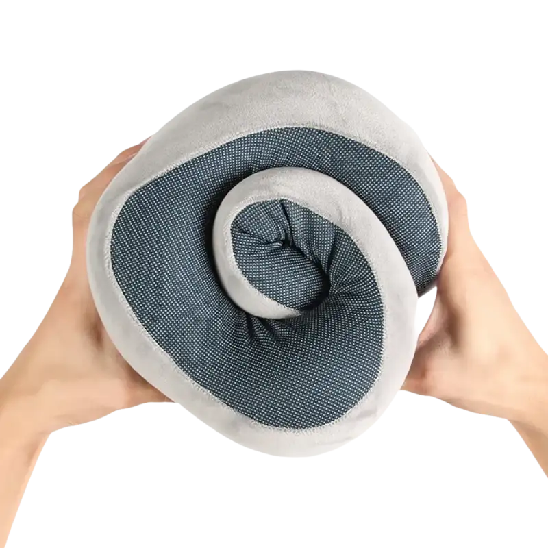 Rolled gray and blue u-comfort memory foam soft travel pillow for chill travel vibes