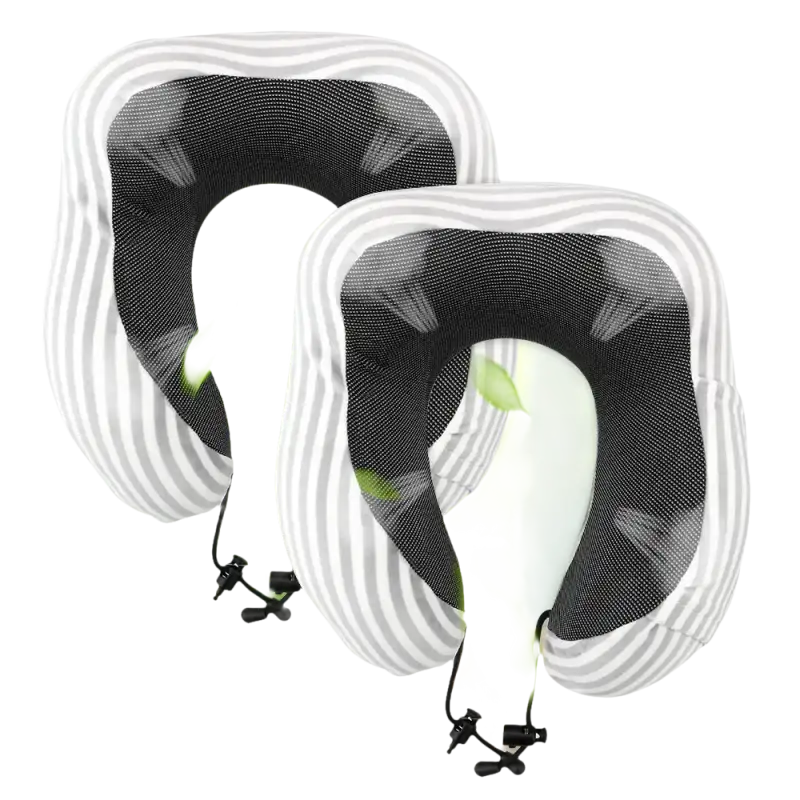 Two striped u-comfort memory foam shaped travel pillows for a soft travel vibe