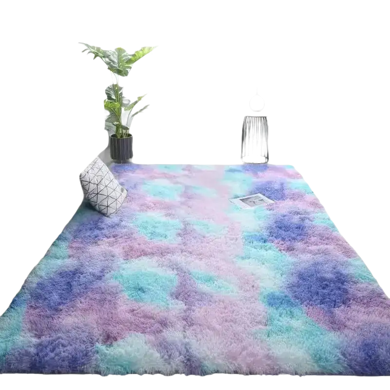 Colorful vikama tie-dye silk wool shag rug for a cozy non-slip decor vibe