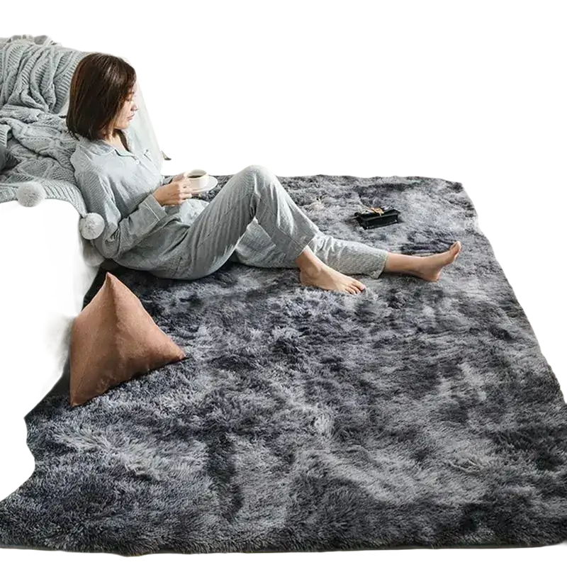 Gray shag rug from Trendy Vikama Tie Dye Silk Rug collection, soft wool non-slip rug