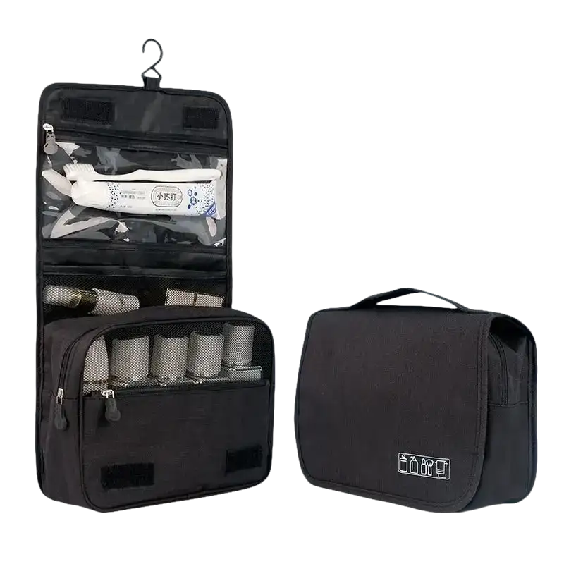 Black toiletry bags on trendy waterproof makeup organizer for stylish travel prep