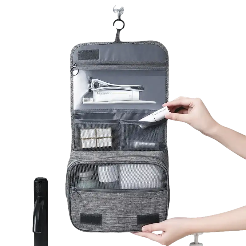 Gray hanging toiletry bag from Trendy Waterproof Makeup Organizer for quality travel makeup